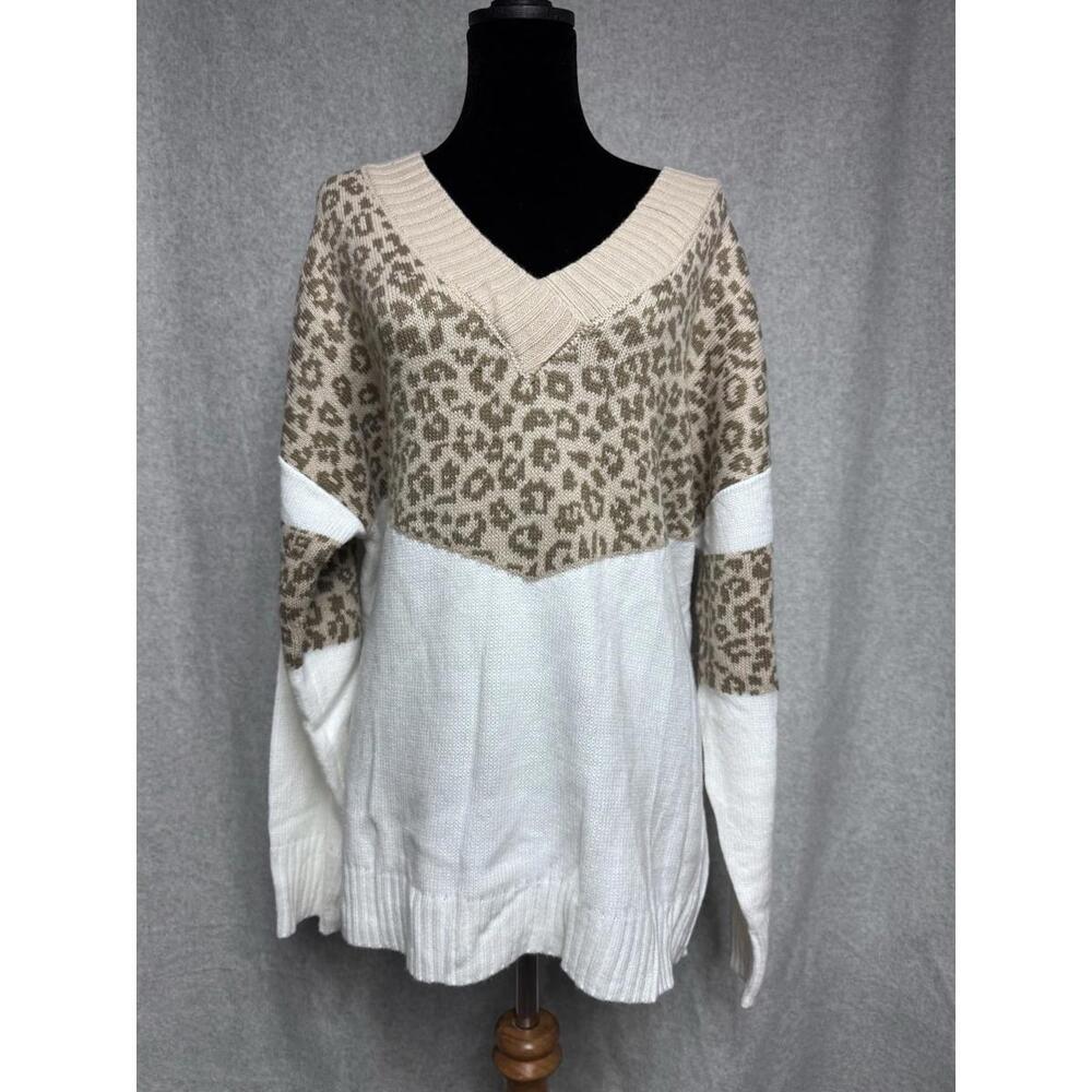 Cupshe Women's Knit V-Neck Leopard Print Oversized Sweater Large Cozy Lagenlook